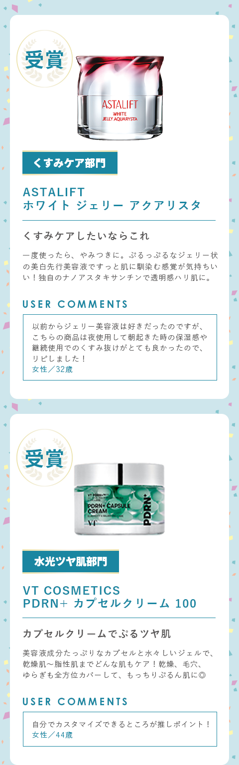 くすみケア部門　アスタリフト　ホワイトジェリーアクアリスタ　水光ツヤはだ部門　VTコスメティックス　PDRNプラスカプセルクリーム100